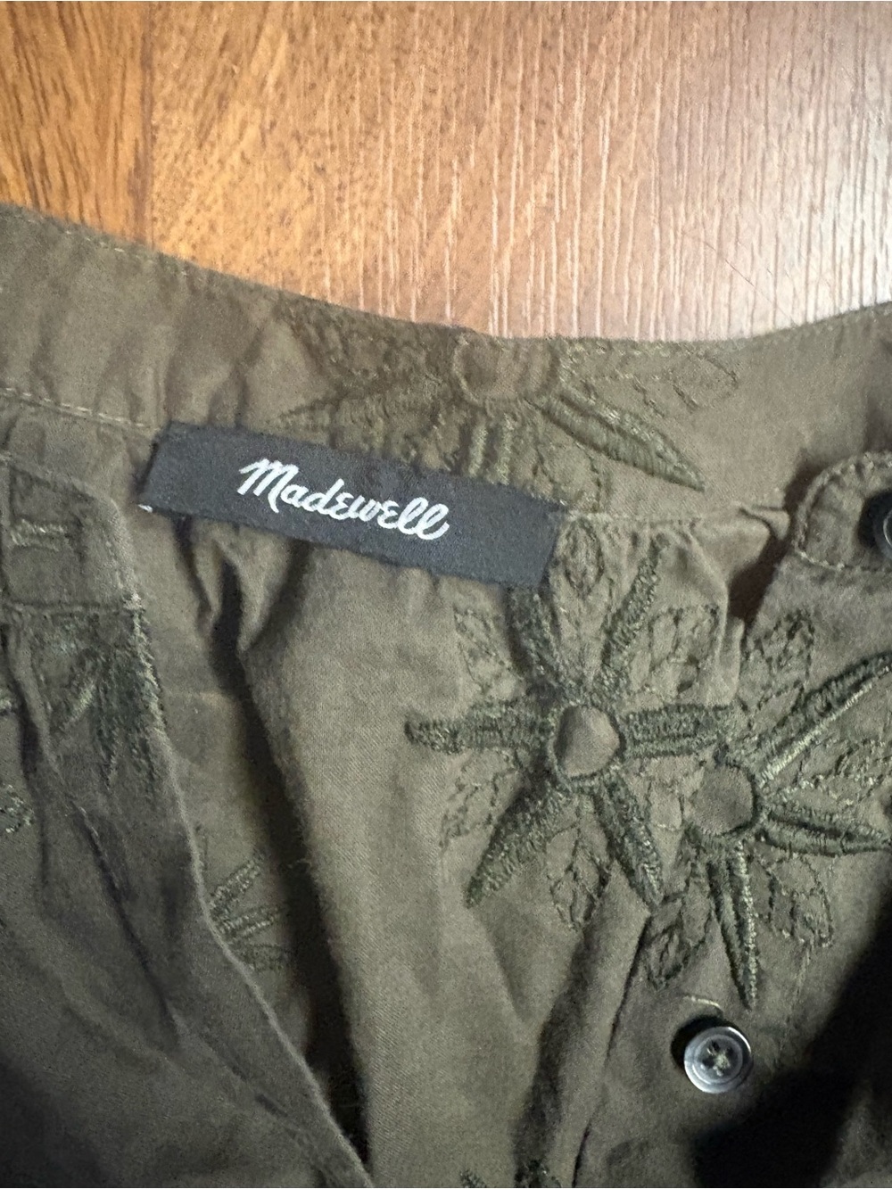 Madewell Olive Green Embroidered Bubble Sleeve Shirt Top XS